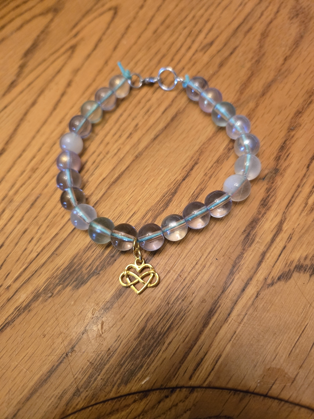 Iridescent Blue Bead Bracelet with Gold Heart Charm